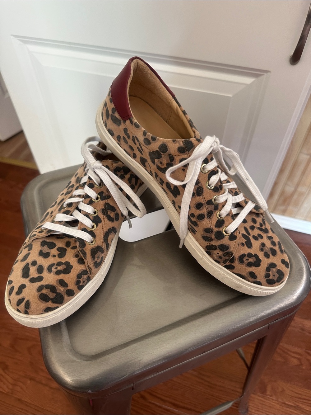 Jack Rogers Leopard Print Lace-Up Sneakers with Burgundy Heel